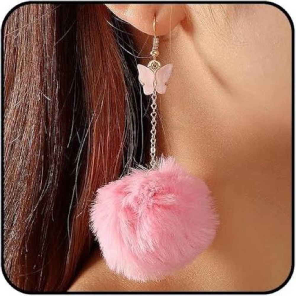 Pink Butterfly Pom Pom Drop Earrings -